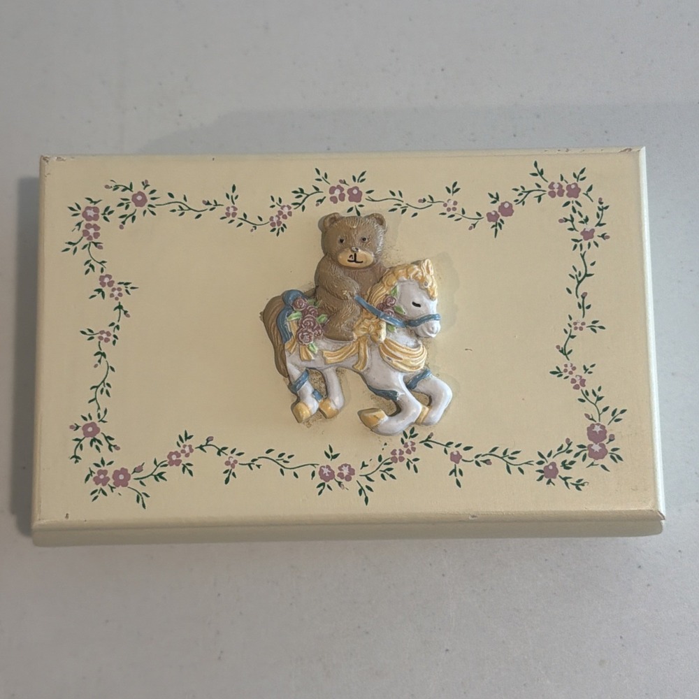 Vtg MELE Wooden Jewelry Box 3D Resin Teddy Bear Riding Carousel Horse 7" x 4"